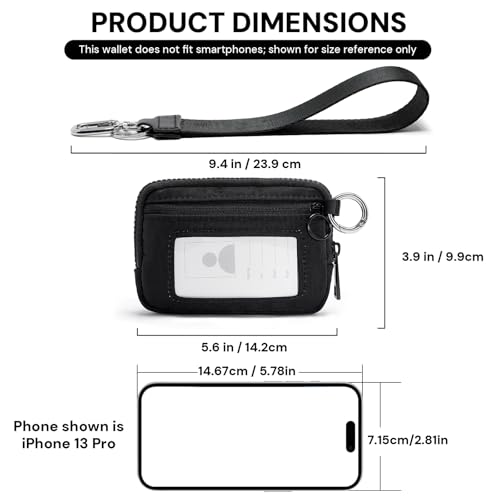 Wristlet Wallet for Women with Clear ID Window, Zip Coin Purse and Keychain - color: Black