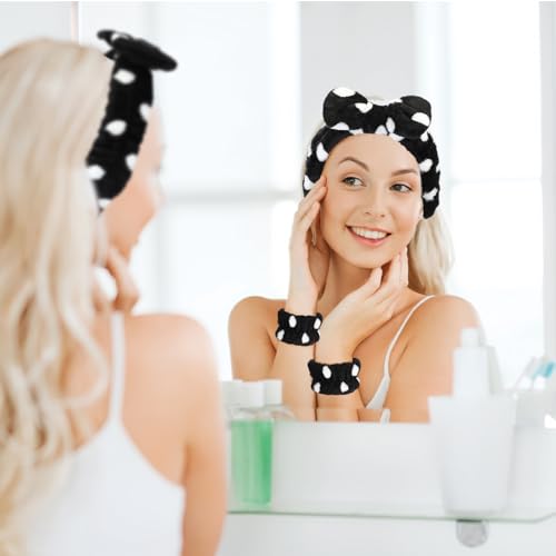 Hanaive 3 Pcs Spa Headband and Wristbands for Washing Face, Polka Dot - style: Polka Dot