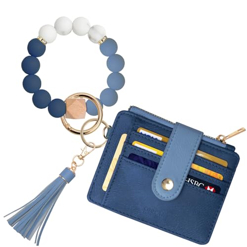 COOLANS Silicone Bracelet Wristlet Wallet Credit Card Holder RFID ID Window Key Ring Tassel Slim Wallet Women Keychain Purse - color: Double Blue