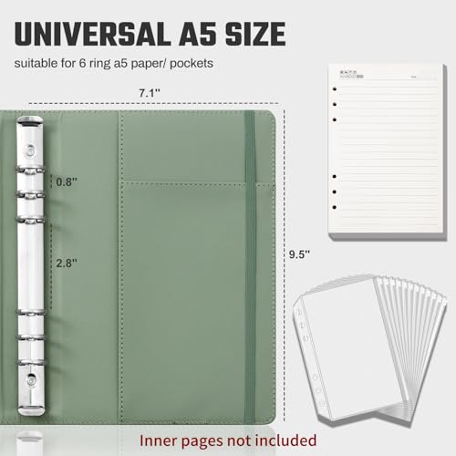 Ovesmusl PU Leather Aesthetic A5 Binder 6 Ring Binder Journal Cover - color: Green, size: A5