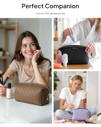 TOPEAST Travel Makeup Bag Cosmetic Bags for Women, 3 Pcs Set Make Up Toiletry Bag with Removable Zip Pouch, Waterproof Leather Makeup Brush Organizer for Travel Essentials, Purple - color: Purple