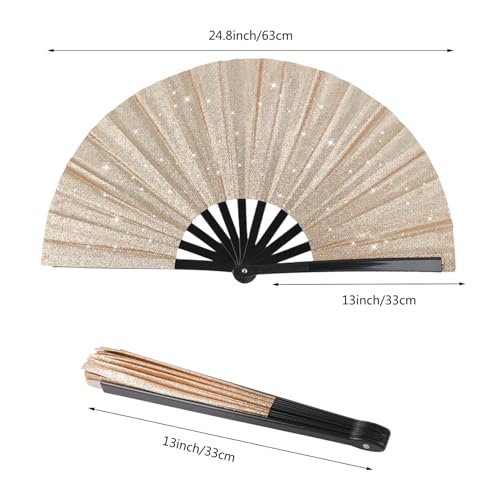 2 Pack Glitter Large Folding Hand Fans for Line Dancing, Popping Fan Large Rave Hand Fan for Boots On The Ground Dance, Concert, Party, Festival, Home Decorations(Champagne Gold) - color: Champagne Gold