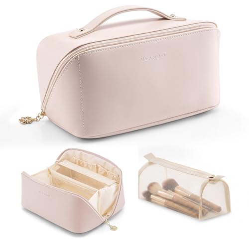 VLANDO Cosmetic Bag for Women with 180°Opening,Carry Handle,Apricot Pink - color: 03.Apricot Pink