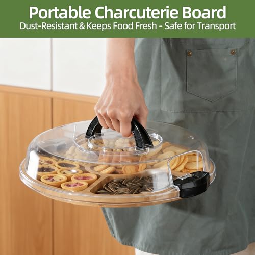 Charcuterie Board with Lid, Bamboo 5‑Compartment Portable Serving Platter - color: 5 Compartments-round
