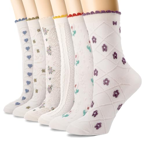 6 Pack Women's Ruffle Socks Cute Frilly Socks Vintage Floral Heart Cherry Pattern Cotton Breathable