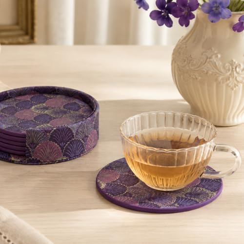 Art Deco Coasters Set of 6 with Holder, Purple - color: Purple