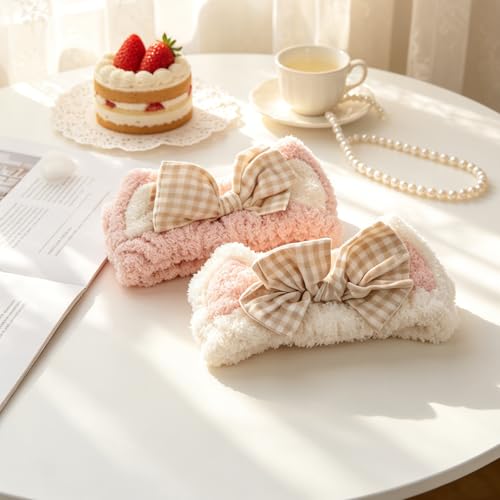 PERFECTSIGHT Kawaii Headband for Spa, Makeup, Washing Face, Party - 2 Pack Cute Cat Ear Hair Band for Shower Beauty Skincare, Soft Facial Headbands for Girls and Women (White+Pink Bow) - color: White+Pink Bow