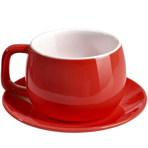 ionEgg Porcelain Coffee Cup with Saucer 270ml/9oz, Minimalist Design, Perfect for Latte, Cappuccino, and Tea, Red - color: Red