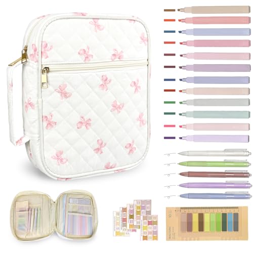 Bible Cover Case for Women,Bible Study Supplies Accessories,Bible Journaling Kit,Pink Flower Carrying Case with Highlighters