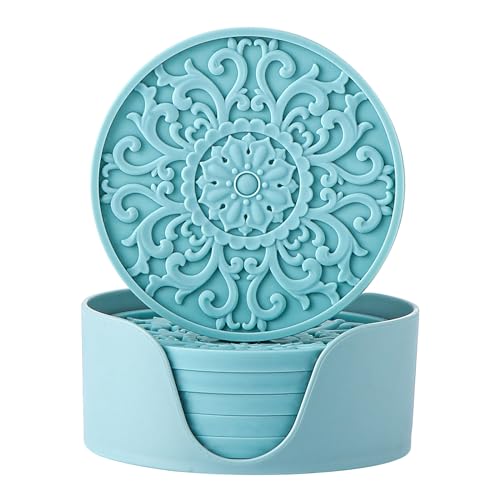 Colinda Silicone Coasters - Set of 6 with Holder, Non-Slip Cup Mats for Hot and Cold Drinks, Decorative Designs, Gift Ready Packaging,Turquoise - color: Turquoise