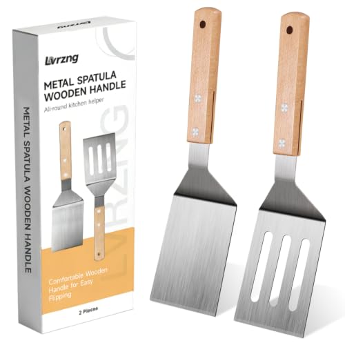 Stainless Steel Spatula Set, 2 Pcs Metal Spatulas for Kitchen Use, Professional Metal Spatula for Cast Iron Skillet with Wooden Handle, Ideal Choice for Making Desserts, Pancakes, Eggs, and BBQ