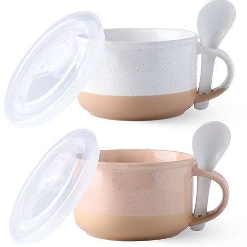 GBhome Ceramic Soup Mugs with Handles and Lids,24 OZ Soup Cups Set of 2 - color: White &Peach