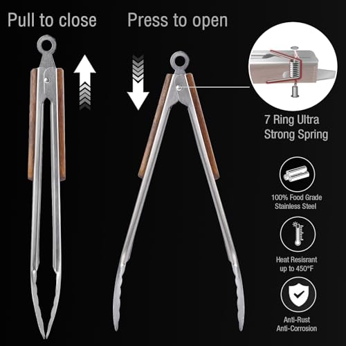 16" & 12" Heavy Duty Stainless Steel Grill Tongs, 2-Pack - color: Solid Wood
