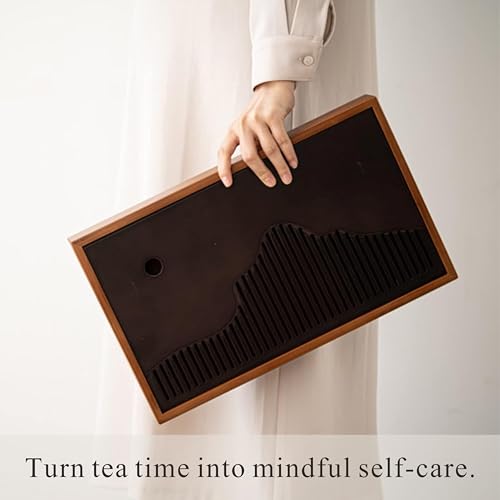 Bamboo Tea Tray & Table Set - Chinese Gongfu Tea Serving Tray with Tea Brush, Compact & Portable (11.8 Inch) - color: Black Brown