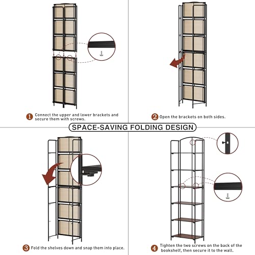 Crofy 6-Tier Foldable Bookshelf, Black Frame & Walnut Shelves - color: Black Frame & Walnut Shelf, size: 6 Tier