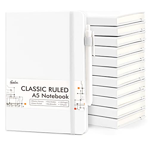 feela 12 Pack Notebooks Journals Bulk, Hardcover Notebook Classic Ruled Lined Journals with Pen Holder for Women Girls School Business Supplies, with 12 Black Pens, 120 GSM, 5.1”x8.3”, A5, White - color: 12 White