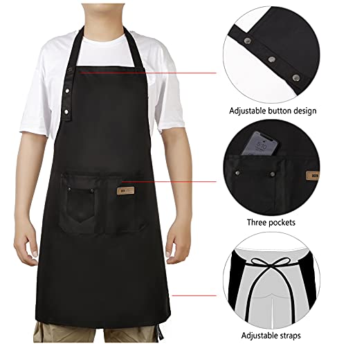 Hongsome Adjustable Button Apron for Women Men Artist Painting Pottery Garden Cooking Kitchen Chef 3 Pockets Waterproof M-XXL - color: Black
