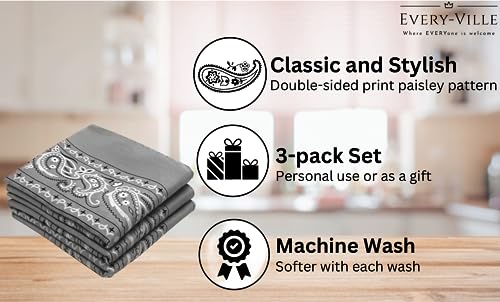 Every-ville Cotton Bandana Handkerchief for Men & Women, 3 Pack - color: Grey
