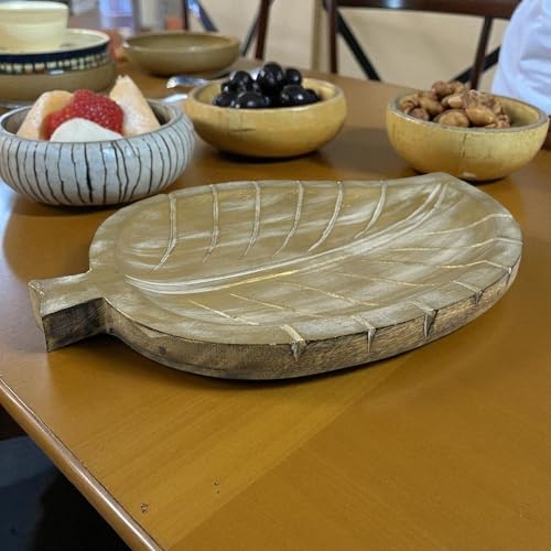Serving Bowl for Home, Kitchen, Fruits, Salads, Chips, Dip/Multipurpose/Hand Made/Natural Mango Wood/Natural Wood (Golden Leaf) - style: Golden Leaf