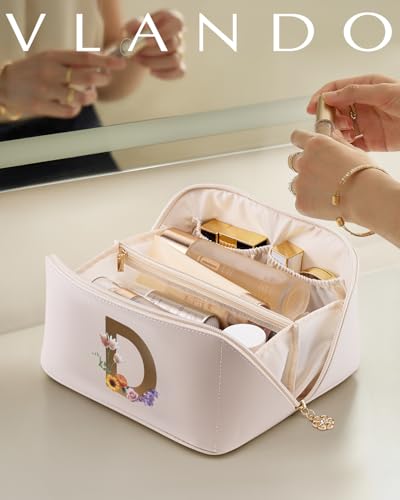 VLANDO Makeup Travel Bag with Separate Brush Pouch,Letter D,Off White - color: 14.White-D