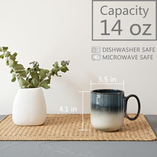 Bosmarlin Ceramic Coffee Mug Set of 4, 14 Oz, Coffee Cups with Big Handle, Microwave Safe, Unique Reactive Glaze (Deep Blue) - color: Deep Blue