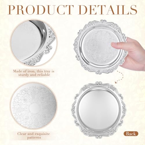 ABOOFAN 2Pcs Silver Serving Plates 15cm Vintage Embossed Dessert Trays, Wedding Birthday Mirror Trays, Retro Decorative Vanity Trinket Dishes - size: 5.9"