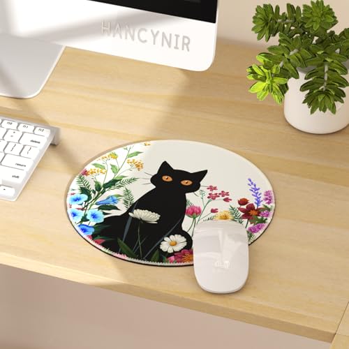 Hancynir Black Cat Floral Round Mouse Pad, Small Mousepad for Office Desk - color: Floral Cat White