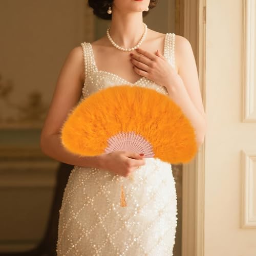 whitefeather Vintage Feather Hand Fan, 17.7 x 11.8 inches, Marabou Feathers, 1920s Style for Costume Parties, Tea Parties - color: Orange