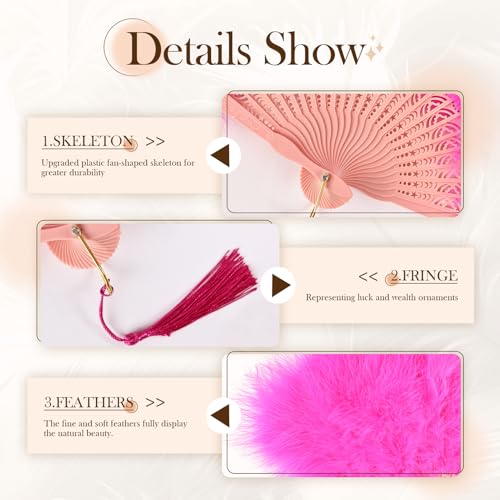whitefeather Vintage Feather Hand Fan, 17.7 x 11.8 inches, Marabou Feathers, 1920s Style for Costume Parties, Tea Parties - color: Hot Pink