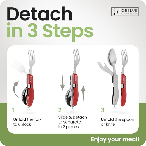 Orblue 4-in-1 Camping Utensils, 1-Pack, Portable Stainless Steel Spoon, Fork, Knife & Bottle Opener Combo Set - Travel, Backpacking Cutlery Multitool, Red - color: 1-PACK Live Red