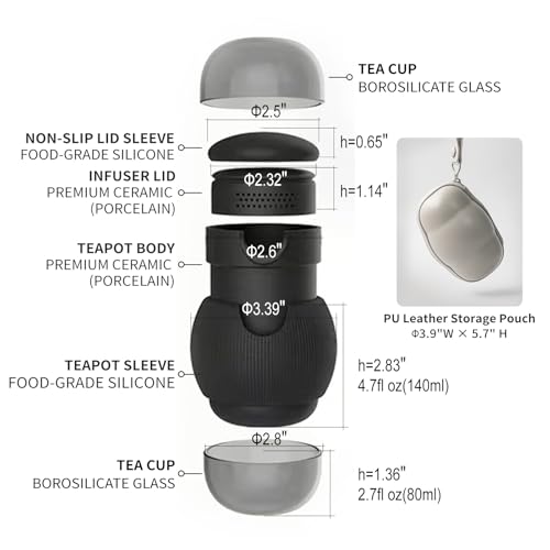 All-in-One Portable Travel Tea Kit, Ceramic Teapot with Removable Infuser, 2 High Borosilicate Glass Tea Cups, Non-Slip Silicone Sleeve & PU Leather Carry Pouch for Camping, Hiking, Office - color: Rhino Black