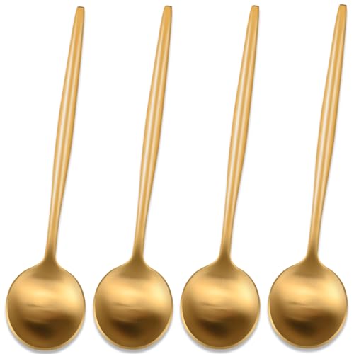5.1 Inches Satin Gold Coffee&Tea Spoons,Small Demitasse Spoon,Mini Spoons For Stirring,Gold Teaspoons Set Of 4 SS18/10 Solid Round Spoon - color: Gold, size: 5.1 Inch