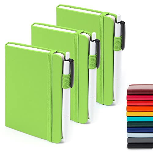 feela 3 Pack Pocket Small Notebook Journals, Mini Cute Memo Notepad Hardcover College Ruled Lined Journals with Pen Holder for Women Girls Office School, with 3 Black Pens, 3.5”x 5.5”, A6, Green - color: 3 Green