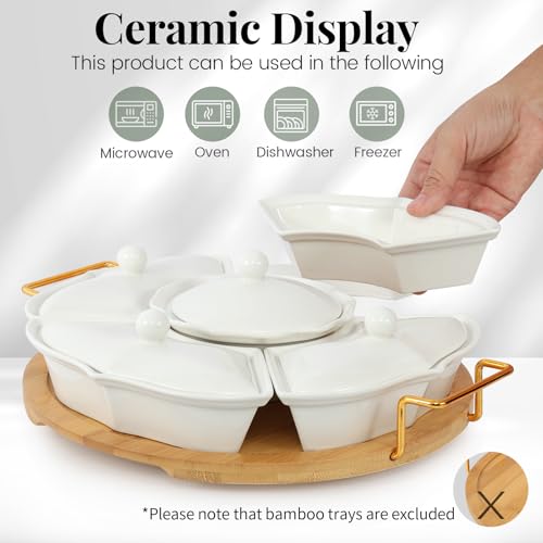 PLAPITATE Party Serving Trays and Platters, Ceramic Lazy Susan Serving Tray with Divided Sections Appetizer Rotating Serving Tray for Fruits, Veggies, Chips and Dip Serving Set