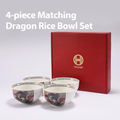 Hagary Dragon Rice Bowls Ceramic Bowl Japanese Korean Soup Bowl Pasta Salad Dessert Small Serving Bowls Housewarming Wedding Gifts Designed in Korea (No chopsticks) (Black, 10 oz – 4pcs) - size: 10 oz – 4pcs
