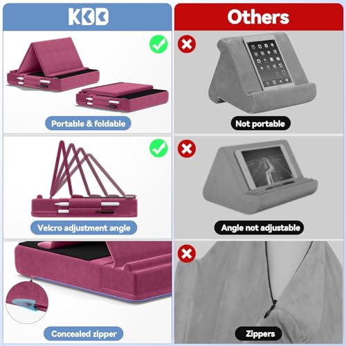 KDD Tablet Pillow Stand, Multi-Angle Viewing Ipad Holder for Lap, Bed and Desk, Foldable Soft Pad Dock with Stylus Mount Compatible with Ipad Pro 12.9, 10.5, 11, Air, Mini, Phones, Books, E-Reader - color: Purple