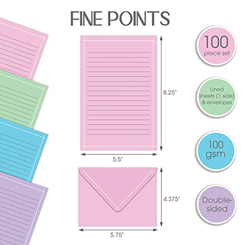 Better Office Products Mini Stationery Set, 100 Piece Set (50 Lined Sheets + 50 Matching Envelopes), 4 Solid Colors, Thin White Border, 5.5 x 8.25 inch, Double Sided Printing, One Side Lined Paper,