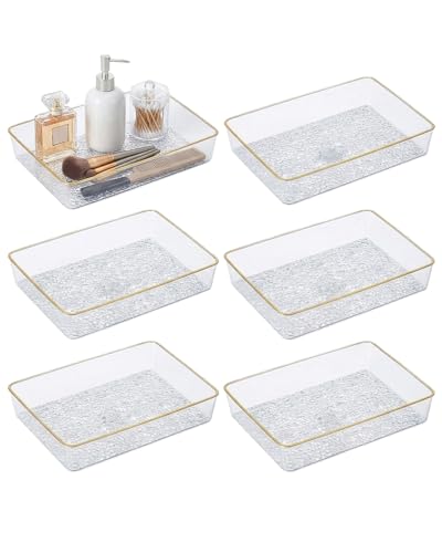 Clear Acrylic Tray, 6 Pack Acrylic Serving Trays Deep Serving Platter Decorative Tray with Gold Rim, Reusable Plastic Tray for Living Room Entryway Bedroom Kitchen Coffee Table Coutertop (Medium)