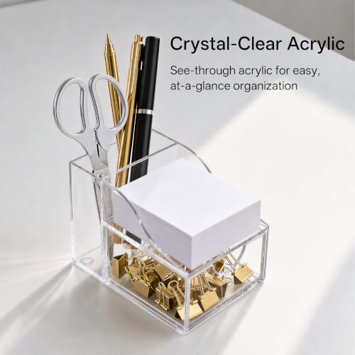 HBlife Acrylic Pen Holder for Desk, 3-Compartment Small Desk Organizer with Drawer, Clear Office Supplies Desk Accessories with Sticky Notes Holder Stores Post It Notes 3X3 for Office, Home and School - color: Clear, size: 3.46”x 4.57” x 3.46”