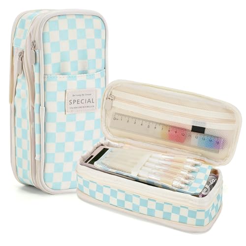 Bigmeta Gingham Expandable Pencil Case for Teens Girls - Light Blue - color: Light Blue