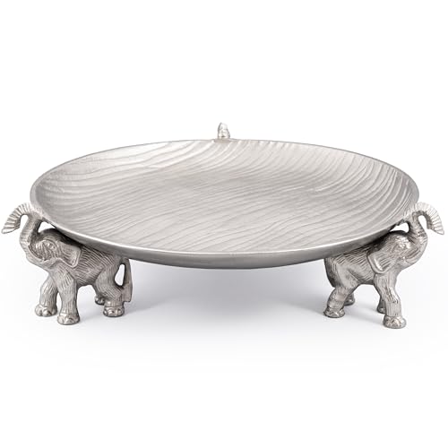 Silvery Tray with Elephant Stand - Round Decorative Aluminum Coffee Table - color: Silvery