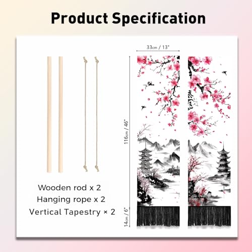 PLIGREAT 2 Pack Cherry Blossoms Wall Hanging Ink Painting Tapestry with Tassel Vertical Long Narrow Aesthetic Wall Tapestry for Bedroom Living Room Bathroom Home Office Decor - color: black,pink