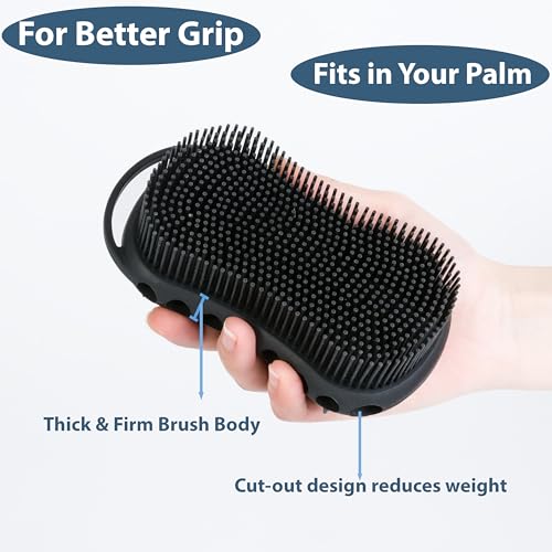 MtBoi Double-Sided Exfoliating Silicone Body Scrubber, 2-in-1 Bath Scrubber, Shampoo Brush, Silicone Loofah for All Skin Types, Shower Body Scrubber, Easy to Clean, Lather Well (Black) - color: Black