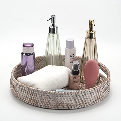 Coffee Table Tray Round Rattan Ottoman Tray Woven Serving Trays with Handles for Home and Kitchen Decorative Whitewash (Large 16.9 inch) - color: Whitewash, size: 16.9"