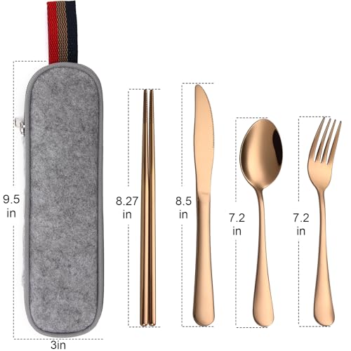 DEVICO Travel Utensils with Case, 5 Piece Portable Silverware Set for Work - color: Rose Gold