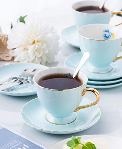 Jusalpha Blue Porcelain Tea Cup and Saucer Set - color: Blue.