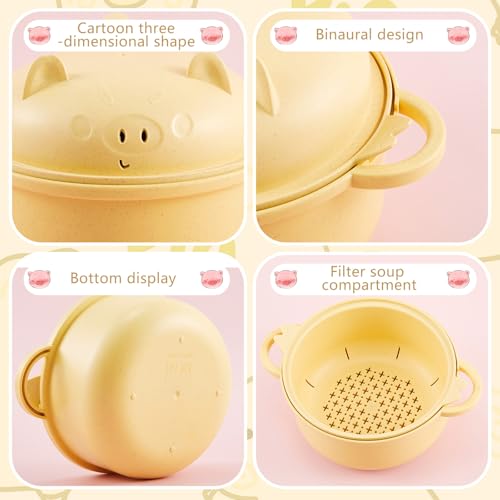1 Set Large 45oz Cute Pig Ramen Bowl Set Microwavable Cooker, Yellow - color: Yellow