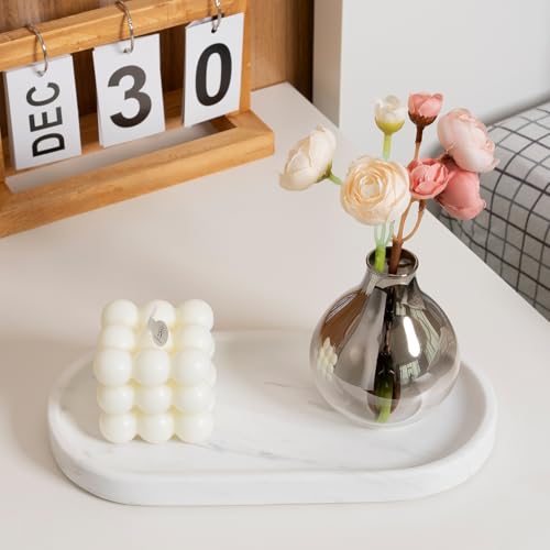 Koville White Marble Oval Tray for Bathroom Countertop, 10" x 5" Natural Marble Vanity Trays, Stone Perfume Organizer Tray for Decor, Jewelry Dish Perfume Trays for Dresser - color: Volakas White
