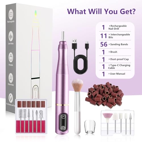 TUOBEO Cordless Nail Drill Electric Nail File Kit, Rechargeable Efile Set - color: Purple