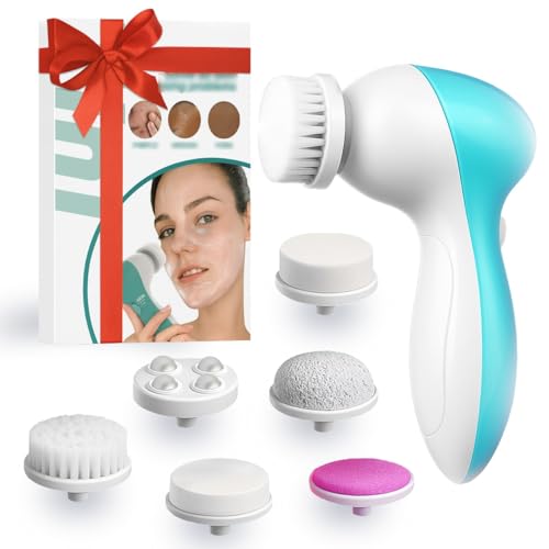 Facial Cleansing Brush Face Scrubber, 7-in-1 Electric Spin Cleanser Brushes with 6 Brush Heads for Deep Cleansing, Gentle Exfoliating, Removing Blackheads, Massaging (White & Aqua Blue) - color: White & Aqua Blue